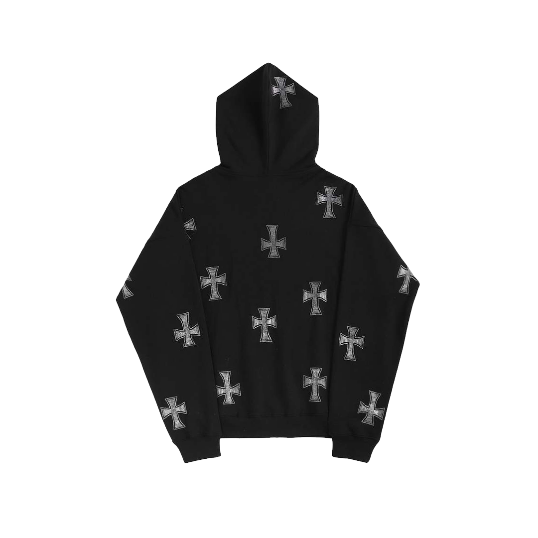 Unknown : Black Rhinestoned Cross Zip Hoodie