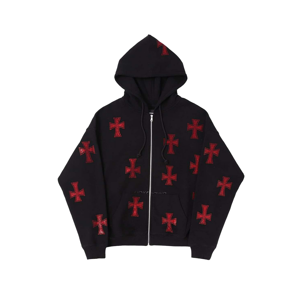 Unknown Black x Red Rhinestone Cross Zip Hoodie