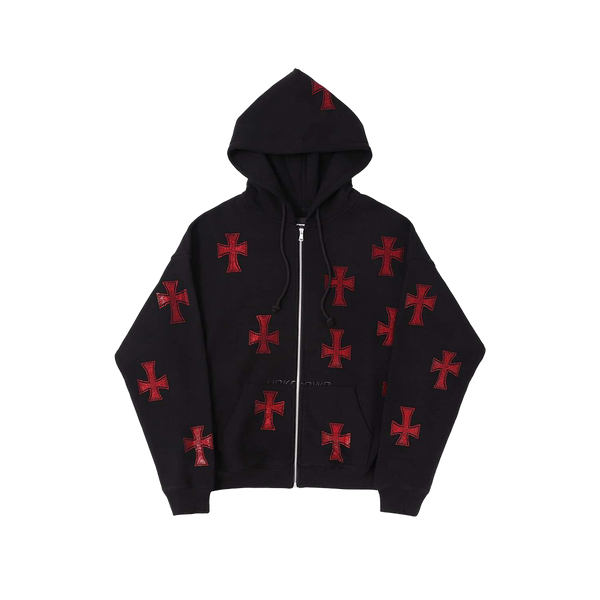 Unknown : Black x Red Rhinestone Cross Zip Hoodie