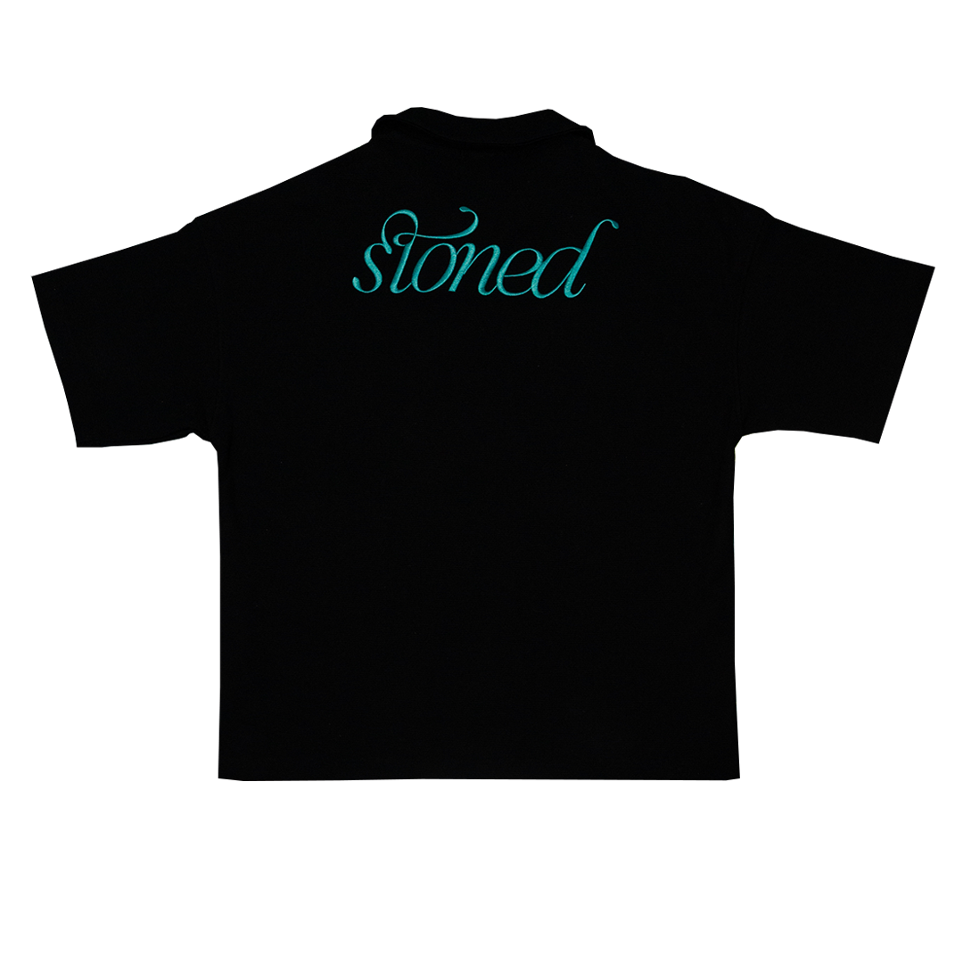 Stoned Blessed : Waffle Open Collar Tee Black